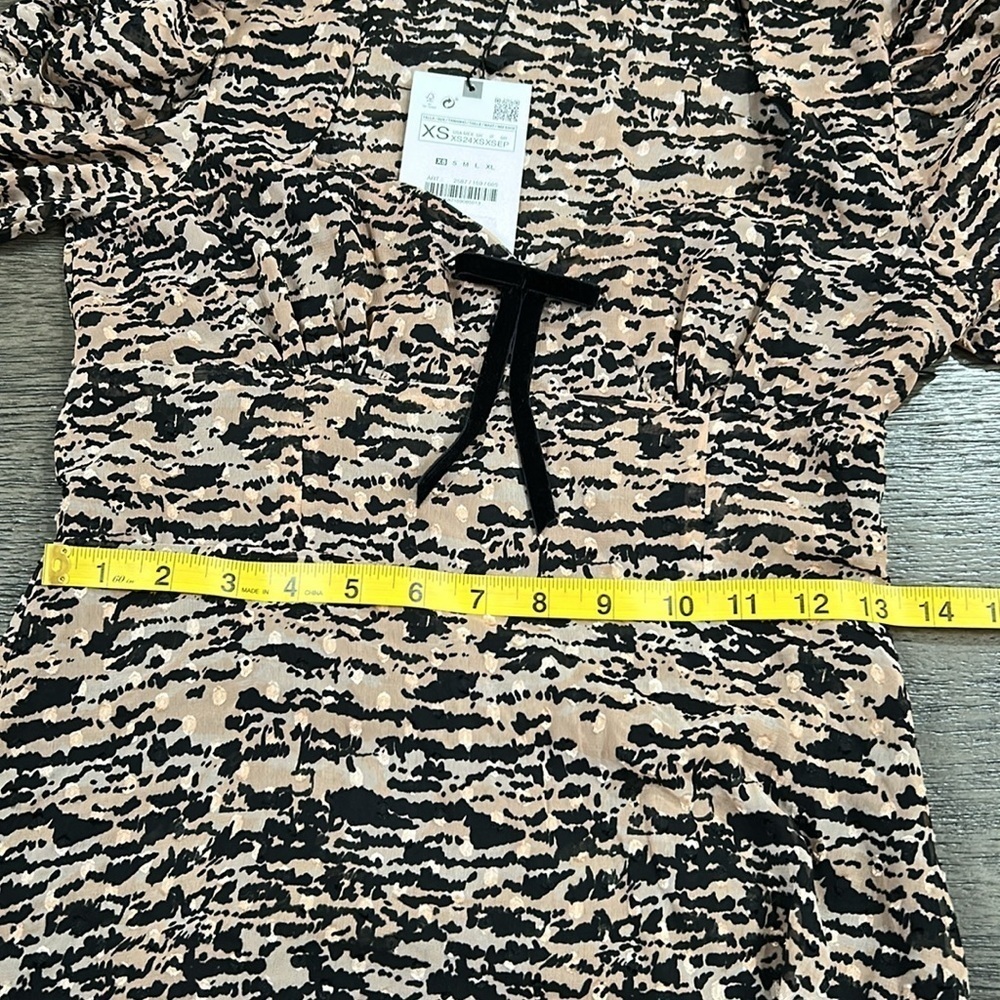 ZARA Textured Animal Print Ruched Puff Sleeve Mini Dress XS NWT - Picture 13 of 15